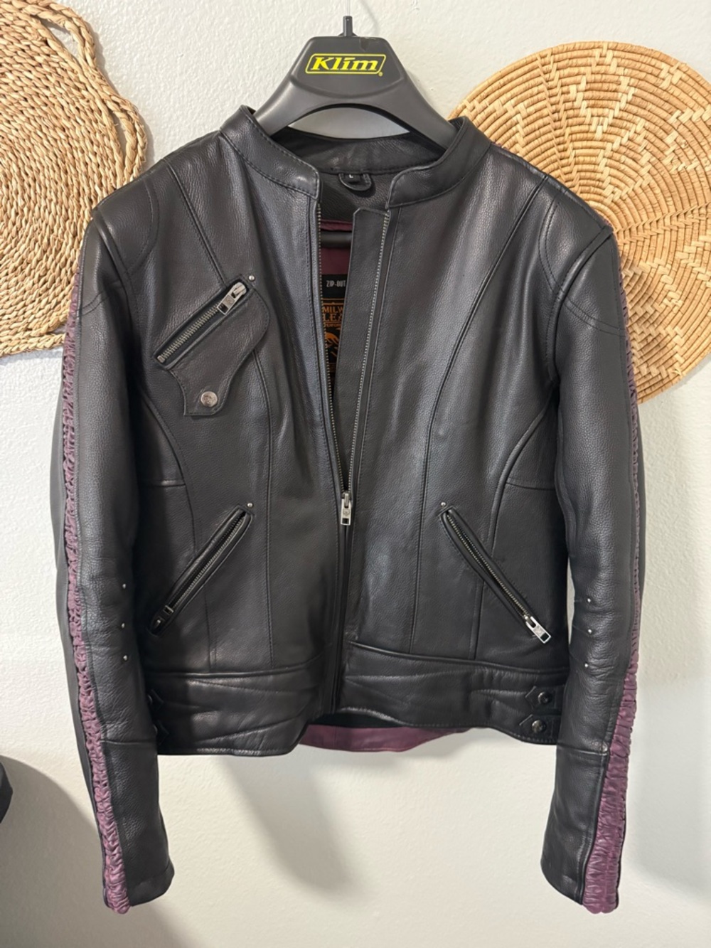 NWOT- Women's Black Leather Jacket with Plum Side Panels by